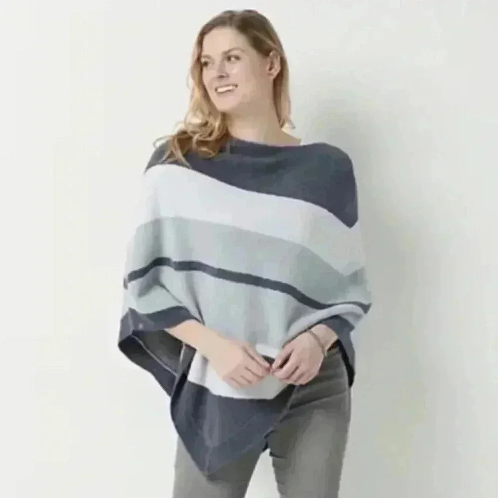 Barefoot Dreams one size poncho ocean breezeβ cozy chic stripe white & gray soft